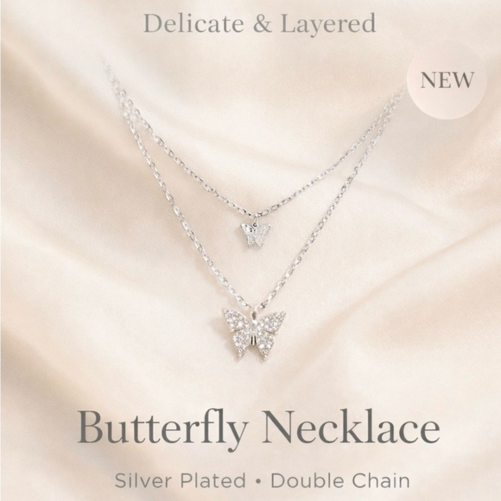 Butterfly Layered Necklace Silver Plated Double Chain NWT Delicate Charm